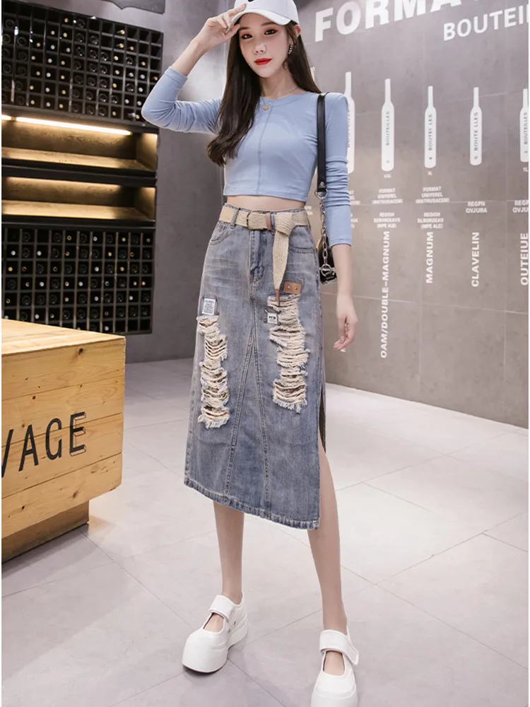 

Retro Blue Denim Fringe Slim Umbrella Half Length Skirt For Women A Line Denim Skirt