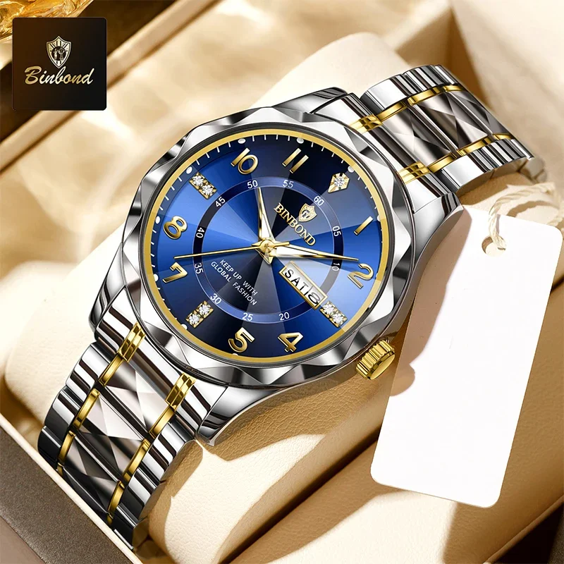 BINBOND Brand Men's Quartz Watch Rhombus Mirror Original Watch Waterproof Luminous Stainless Steel Wristwatch Male Date Week
