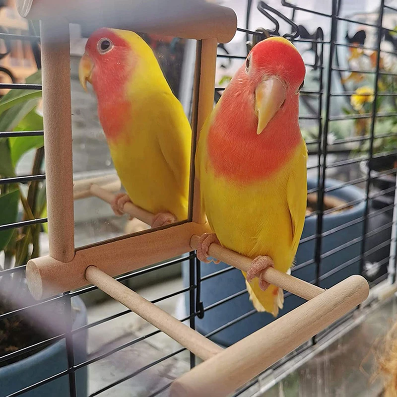 Wood Bird Mirror With Perch Stand Bird Toy Stand Bird Toy For Parrot Parakeets Cockatiels Cage Cage Parakeet Accessories