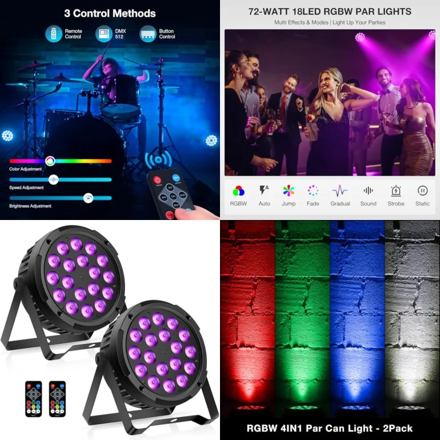 

18LED Stage Par Can Lights: 72W RGBW 4IN1 Color Changing - Remote DMX Control for DJ Party Planner - Uplights for Event Wedding