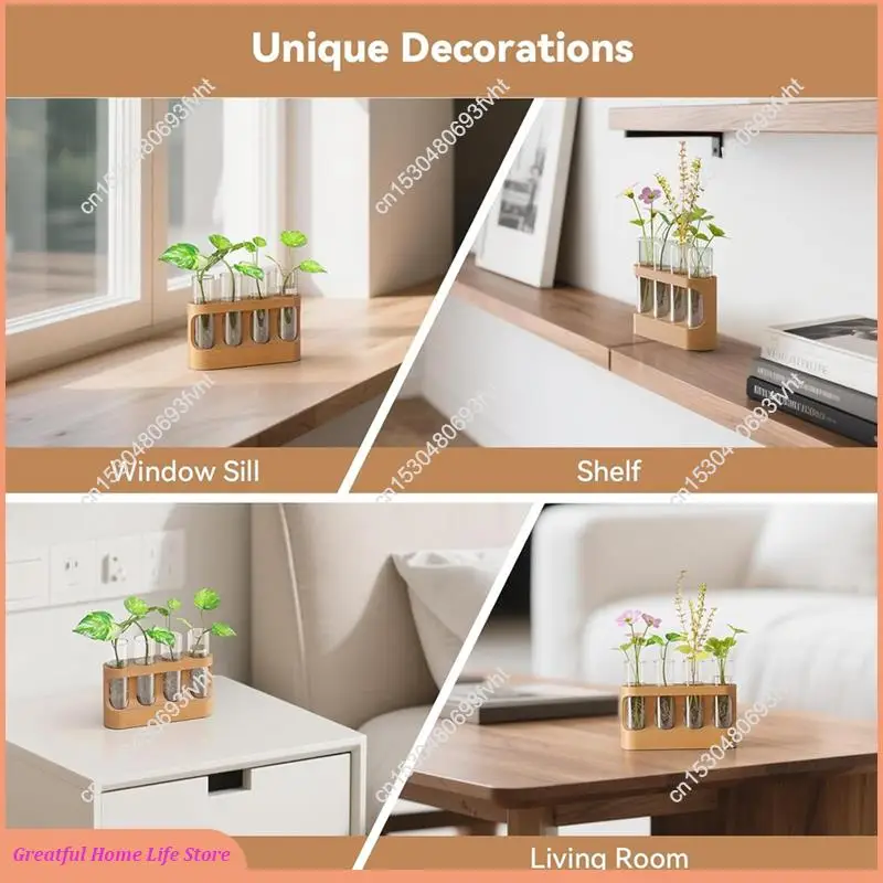 AT59 Wooden Stand Plant Propagation Station With 9-Speed Adjustable LED Lights, Plant Terrarium 4 Test Tube Vases Included