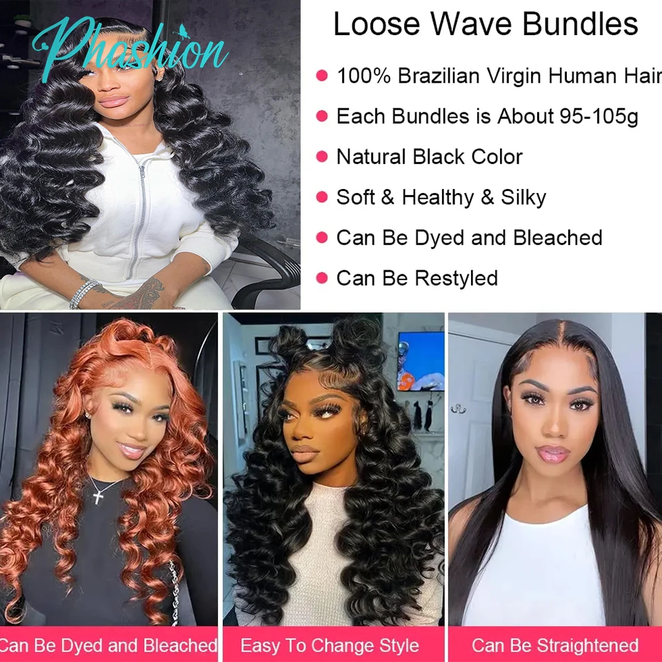 Phashion Loose Human Hair Bundles 1/3 Pcs/Lot 30 32 Inch 100% Remy Hair Extensions For Black Women Brazilian Weave Natural Color