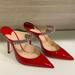 2024 Summer New One Word Water Diamond Painted Leather Pointed Women's Slippers