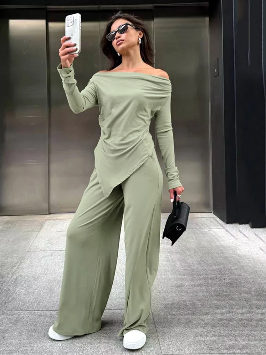 

Marthaqiqi Fashion Female Sleepwear Suit Sexy Slash Neck Pajamas Long Sleeve Nightgowns Wide Leg Pants Women Nightie 2 Piece Set