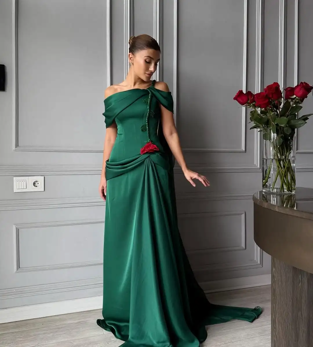 

New Design Sexy Off The Shoulder Contrast Color 3D Flowers Leaves Pleated Shawl Evening Prom Formal Party Dress