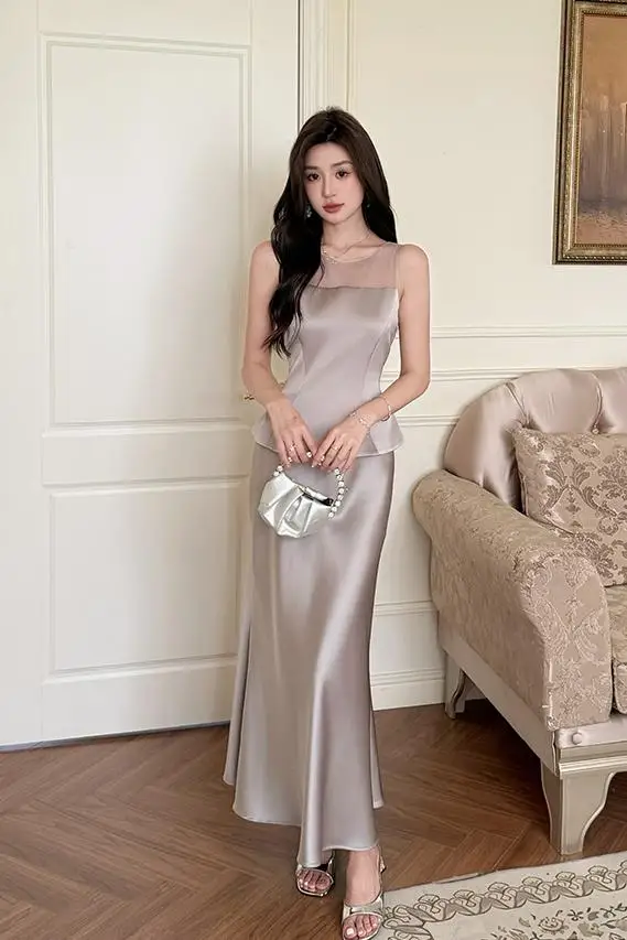 Elegant Luxury Silver Satin Women Sleeveless Shirt+ Long Skirt Suit Women's 2pcs Set Slim Long Fishtail Dress Formal Party Clb