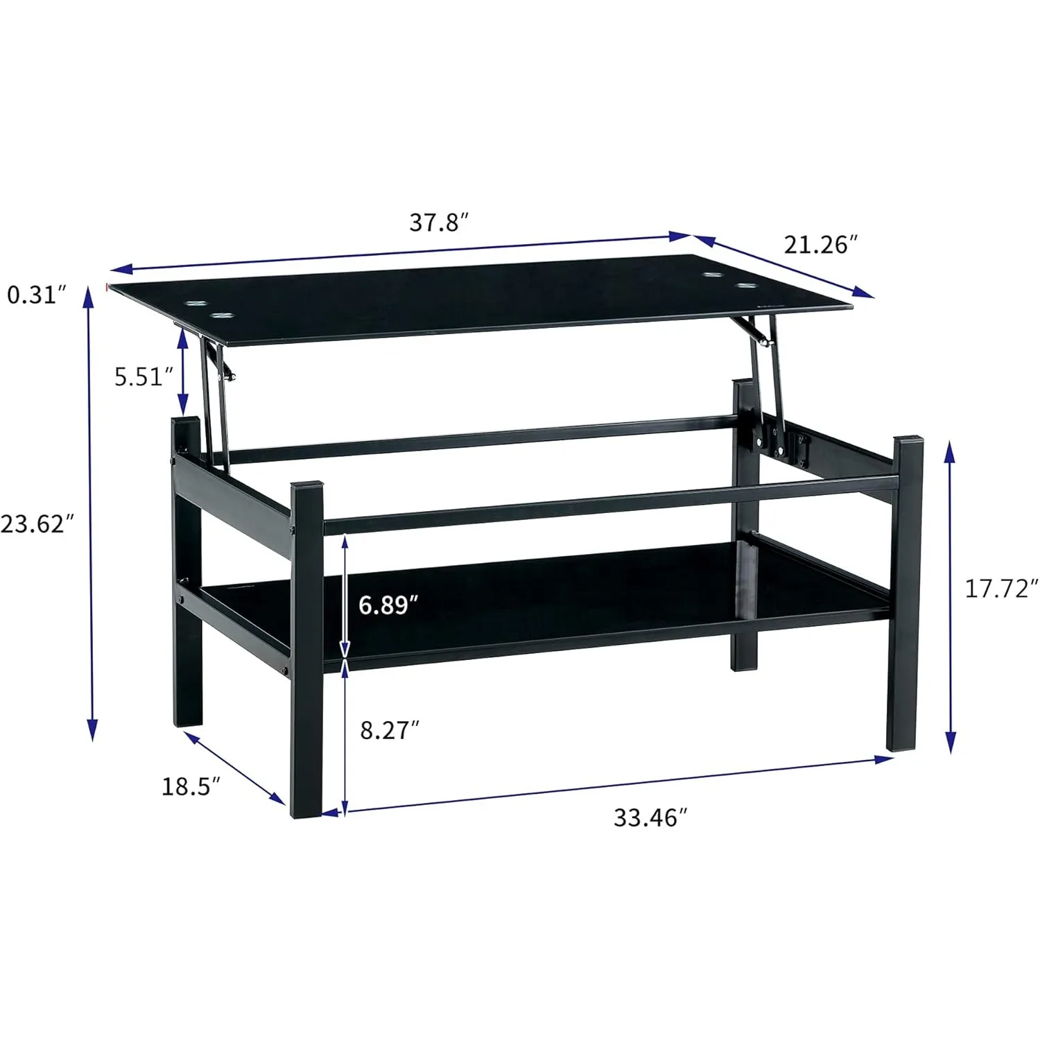 Lift Top Coffee Table with Storage Shelf, 2-Teir Open Storage Coffee Table Tempered Glass Rising