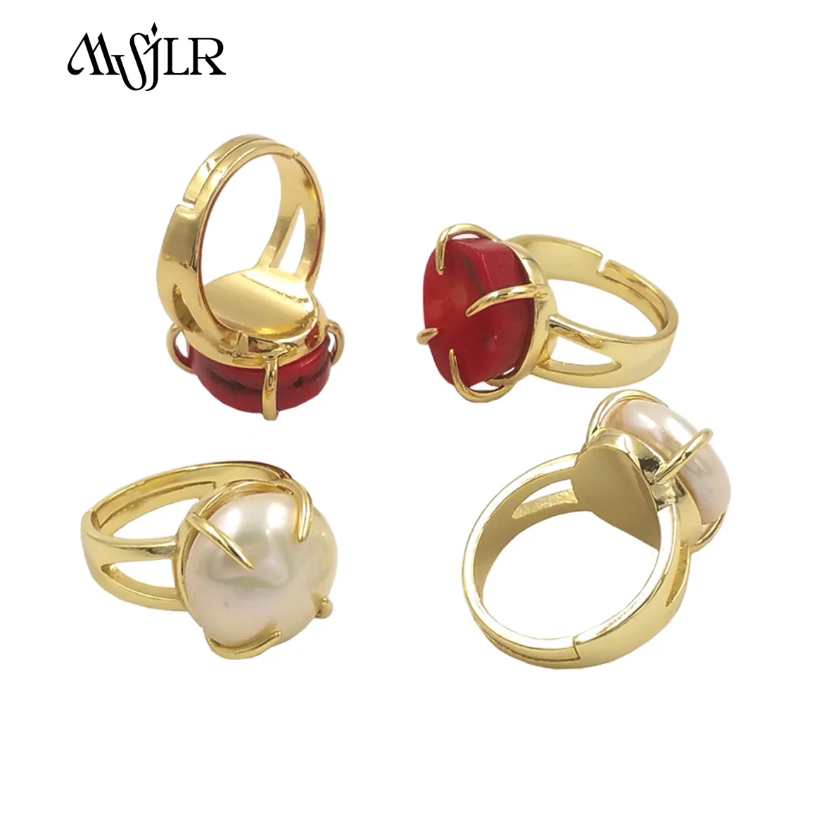 MVR110 New Coming Unique red coral And pearl Round Shape  With White And Red Color 18k Gold Plated Women Ring For Birthday Gifts