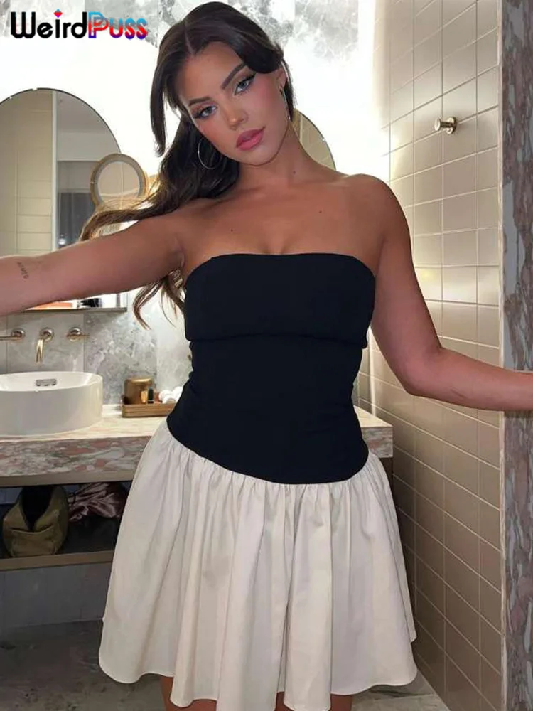 Strano gatto patchwork senza spalline abito da donna sexy spalle scoperte contrasto colore elastico una linea abito pieghettato festa di compleanno clubwear