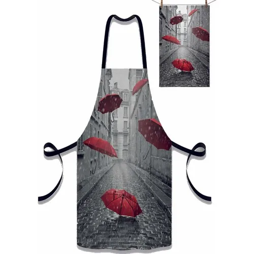 Else Carpet Else Gray Street Red Umbrella Pattern Fabric Chef Dish Kitchen Apron and Towel