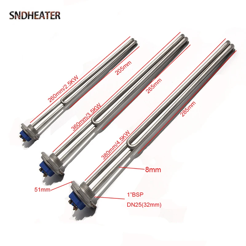 SNDHEATER DN25 G1 BSP Thread Electric Heating Element 120V 240V 51mm Flang Immersion Water Heater Bend Tube 2.5KW 3.5KW 4.5KW