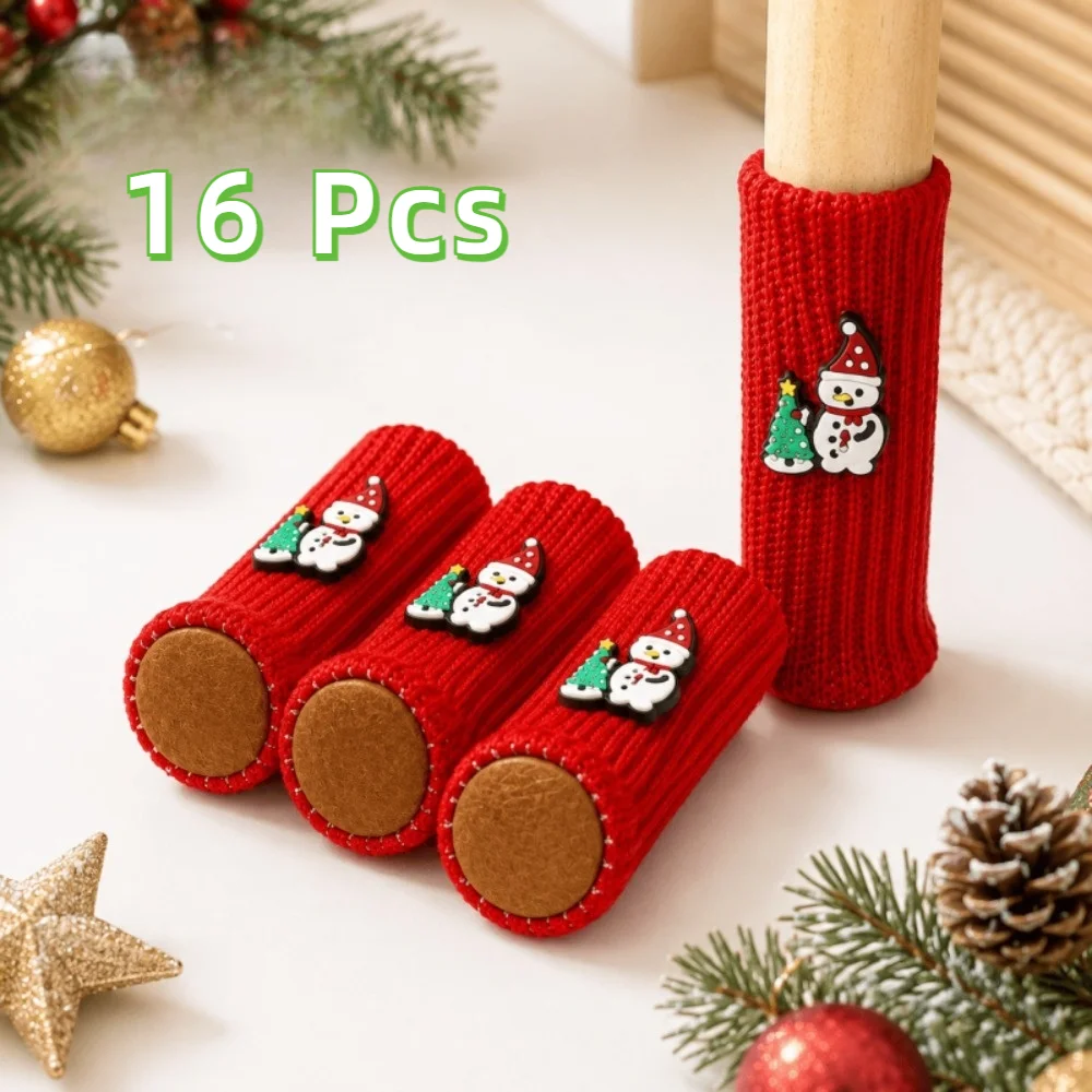 16 Pcs Snowman Santa Claus Pattern Christmas Chair Leg Cover Knitted Wear-resistant Silent Furniture Leg Cover Felt Pad