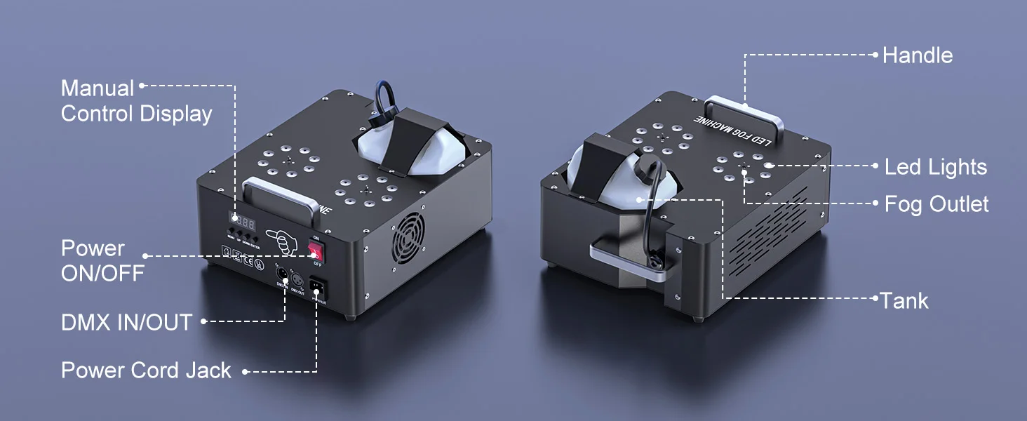 U'King 2000W Doppelrohr-Nebelmaschine, DMX512 8+8 RGB 3IN1 LED Rauchmaschine, Bühnen-Farbsprühgerät, Hochzeits- und Bankett-Farbnebelmaschine – Detail 12