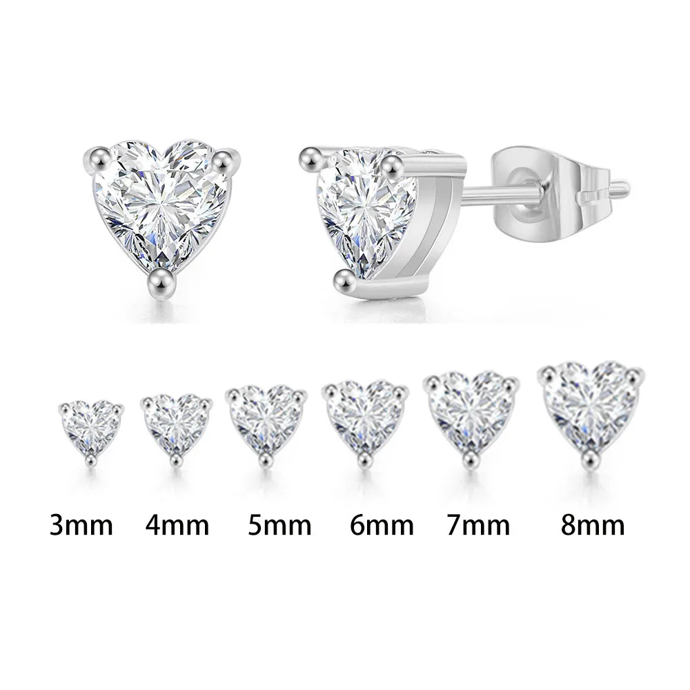 Various Sizes Crystals Earrings For Women Heart Clear Zircon Stud Earring for Female Male Ear Accessories Earing Jewellry E342