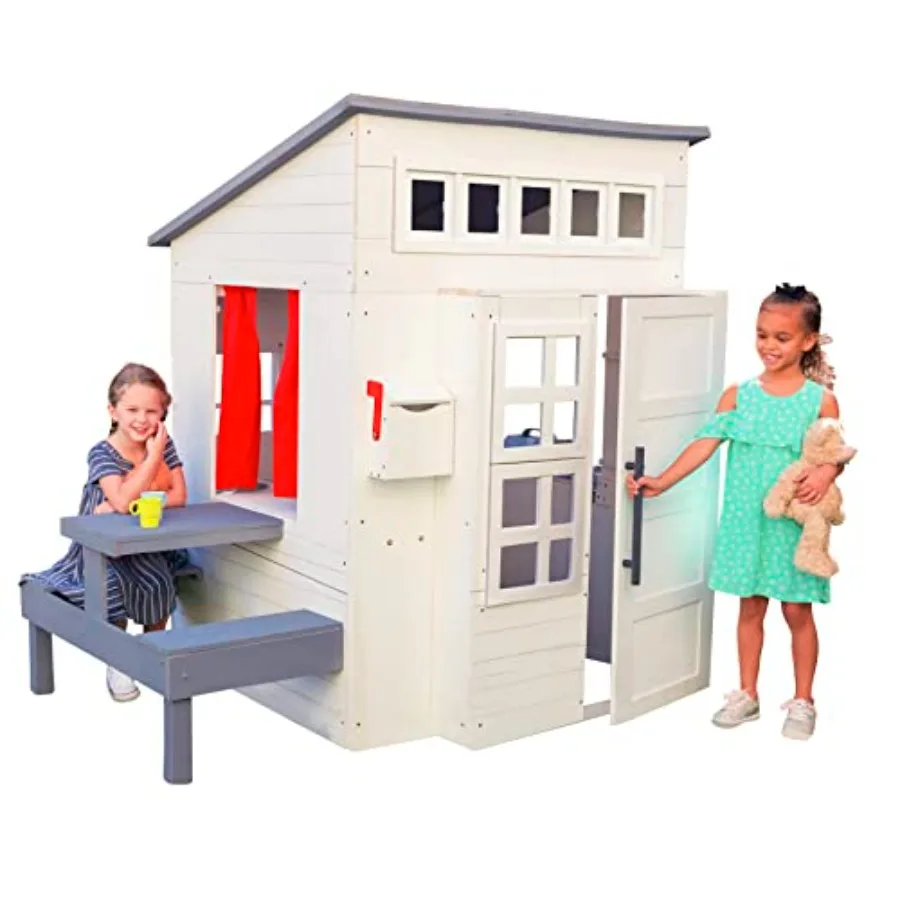 

Outdoor wooden playhouse with picnic table, mailbox and grill for kids; white finish; durable pine construction; weather-resist