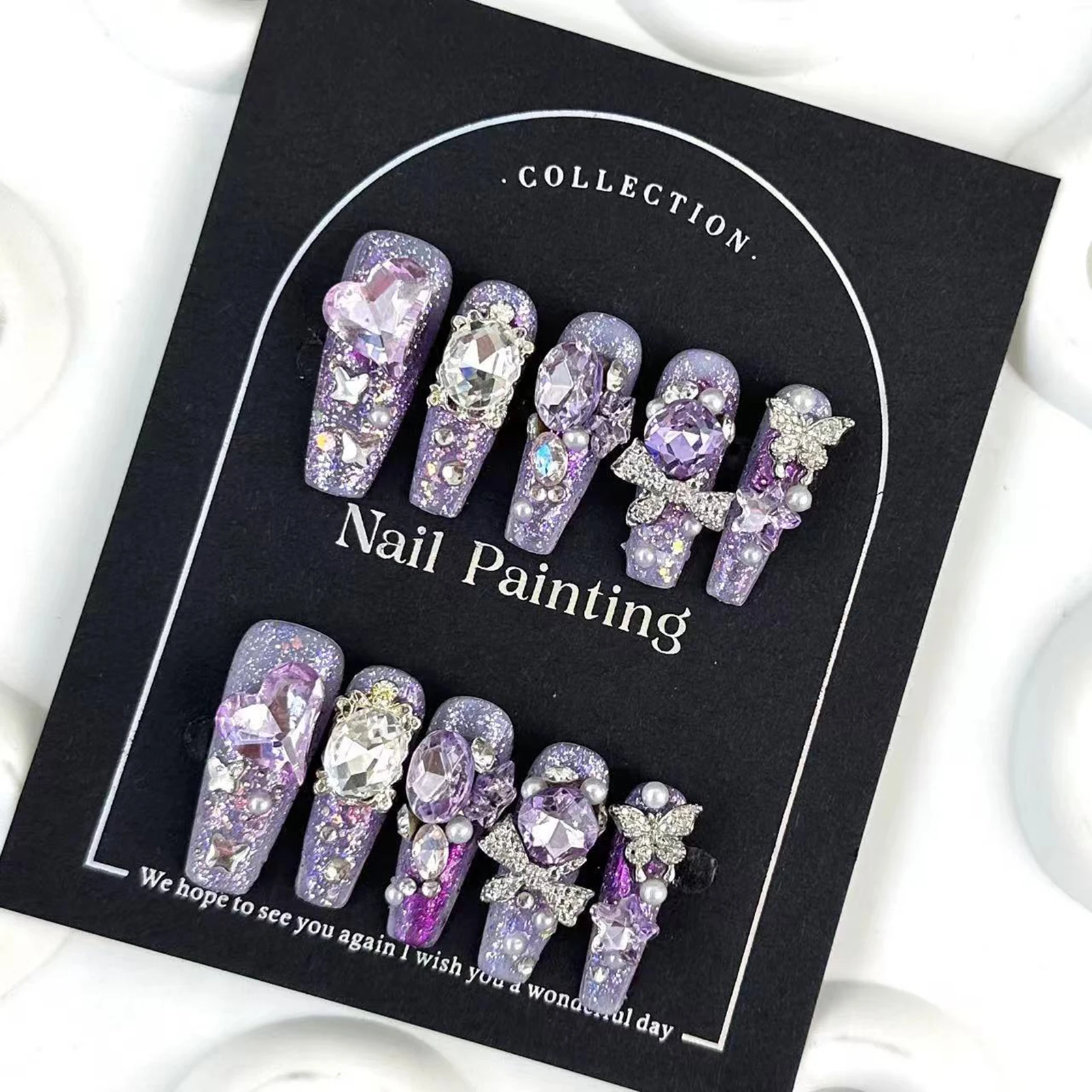 Purple Fake Nails with Full Glitter Decor Resin Material Zero Pressure on Nail Bed for Hot Girl Dress Matching