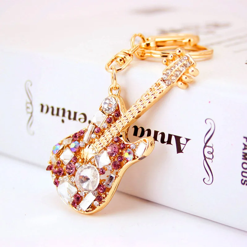 Exquisite Chic Guitar Crystal Rhinestone Keychains Purse Bag Buckle HandBag Pendant For Car Keyrings Women Key Chains K255