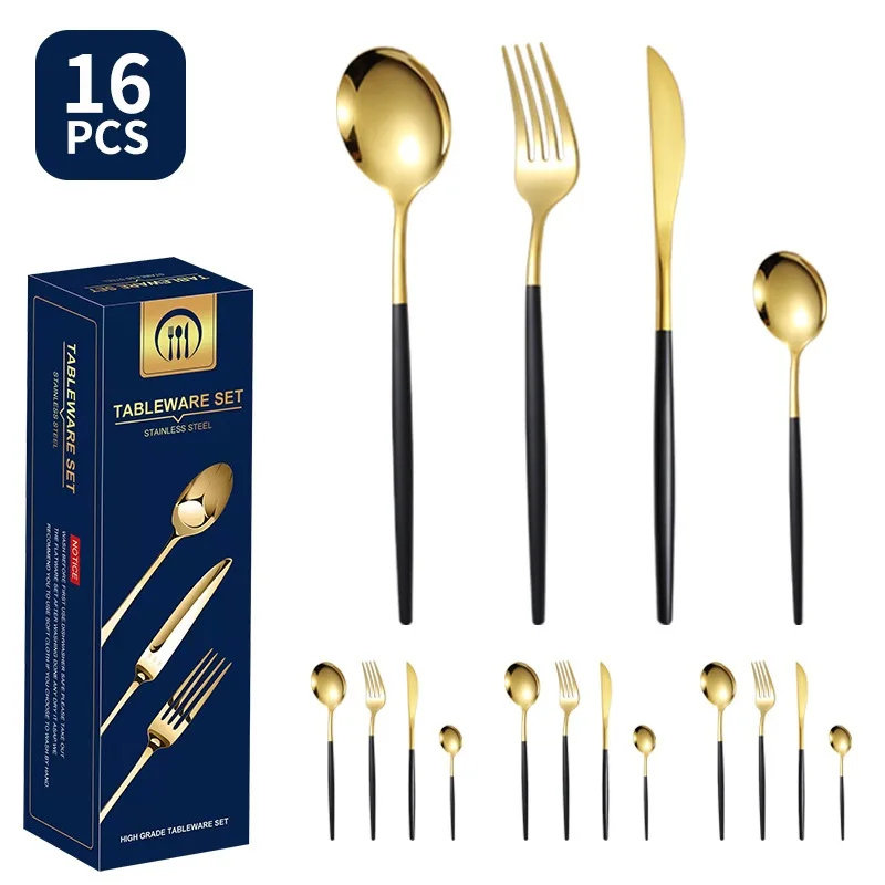 

16 Piece Gold Dinnerware Set Small Blade Steak Knife Small Handle Fork Coffee Spoon Tableware Safety Kitchen Tableware Set