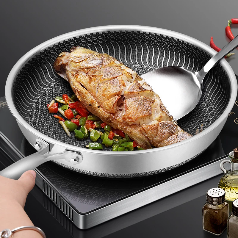 Sartén de acero inoxidable 316l, sartén de fondo plano para el hogar, sartén para freír carne y huevos, Cocina de Inducción sin recubrimiento, Gas Un