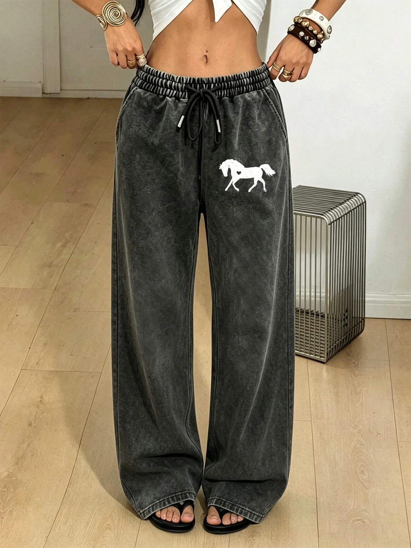 Vintage Washed Distressed Trousers for Women, Stylish Comfortable Versatile Commuter Trousers with Pony Print