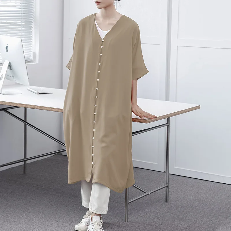 Robe ample à manches courtes et col en v, chemise 3 couleurs, jupe longue, commerce extérieur, nouveau produit d'été japonais, Amazon