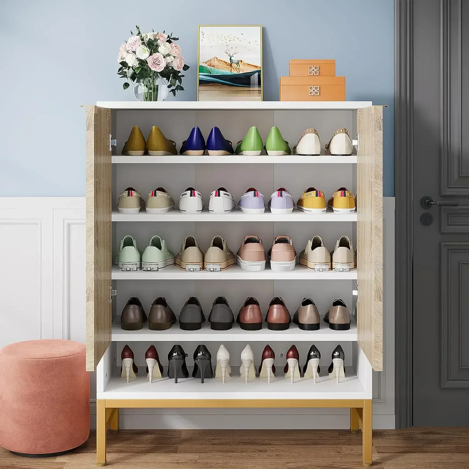 

A armario almacenamiento zapatos con estantes ajustables, 5 niveles, Zapatero pie, madera, 20 pares