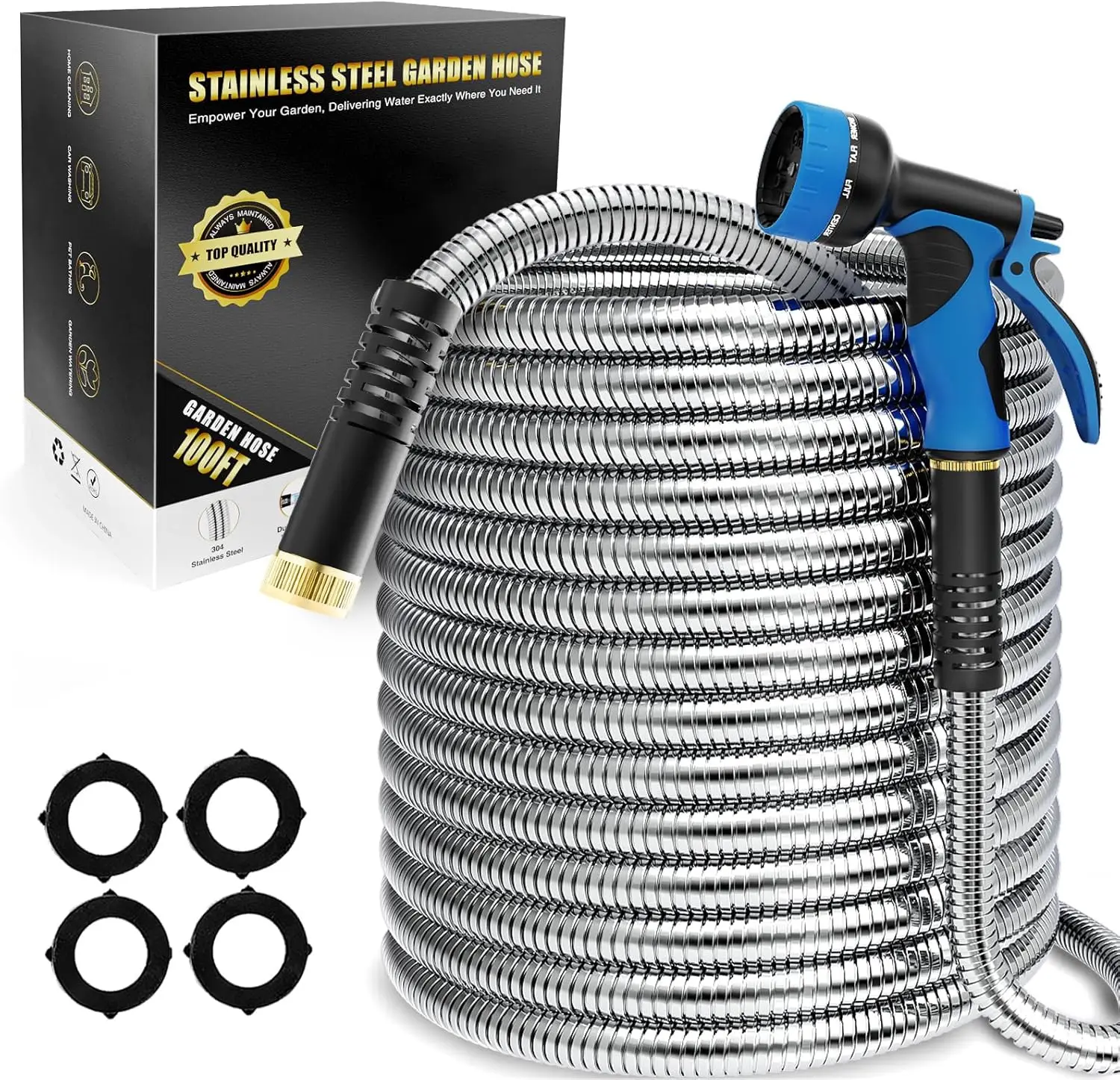 

100ft Stainless Steel Garden Hose with 10-Function Nozzle, Flexible, Leak-Proof, Kink-Resistant for Yard and Outdoor Use