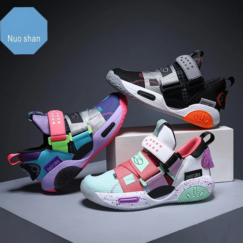 

Colorful Children's Sports Shoes Hook Loop Boys Kids Sneakers New Fashion Trend Non Slip Soft Thick Sole Basketball Sports Shoes