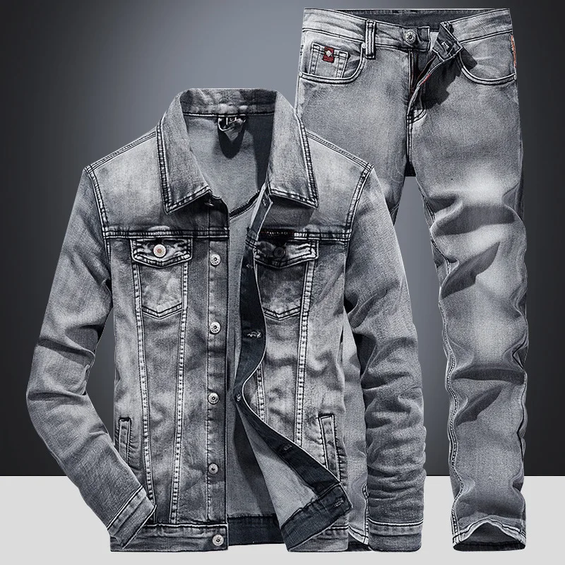 Sets Blue Jean Jackets Men\'s Fashion Multi Pockets Loose Casual Cotton Vintage Street Cowboy Coats Brand Clothes Denim Pants Men