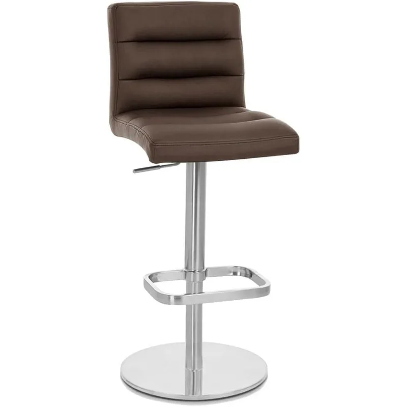 Modern Adjustable Height Brown Lush Bar Stool with Brushed Round Flat Base