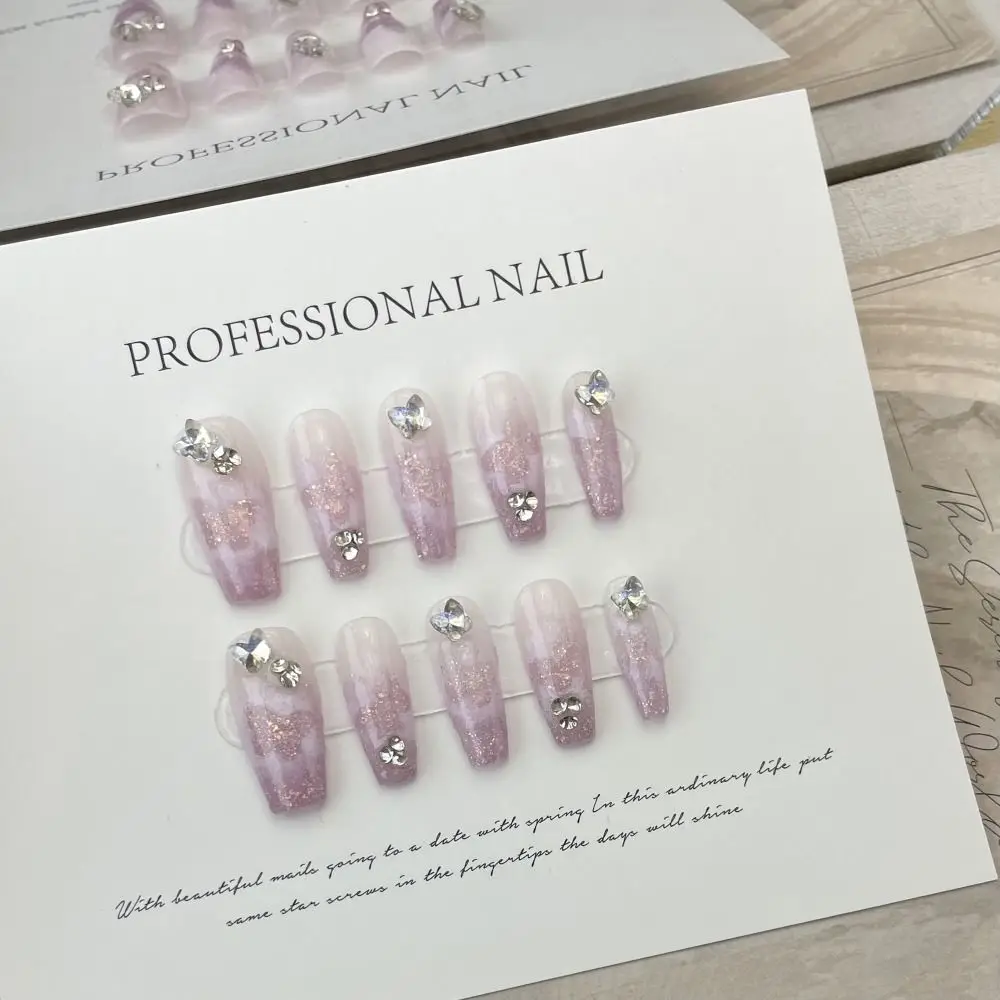 10Pcs Pastel Purple Pure Manual False Nail with Rhinestones XS S M L Press on Nails Full Cover with Tool Box