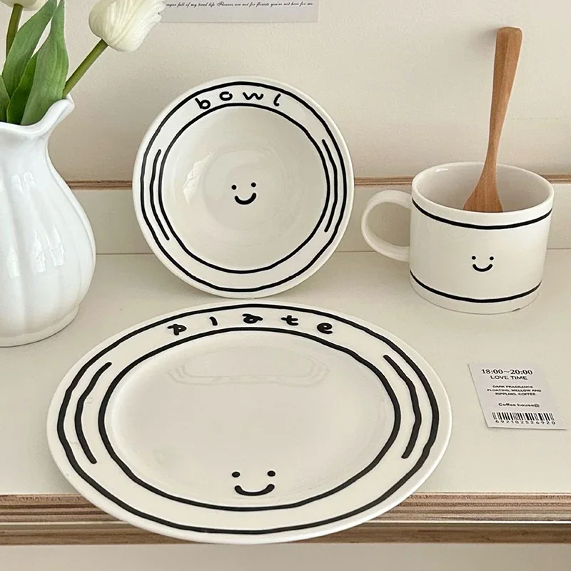 Small Niche Design High Aesthetic Value Smiling Face Ceramic Tableware Household Rice Bowl High End Feeling Dining Plate Cup New