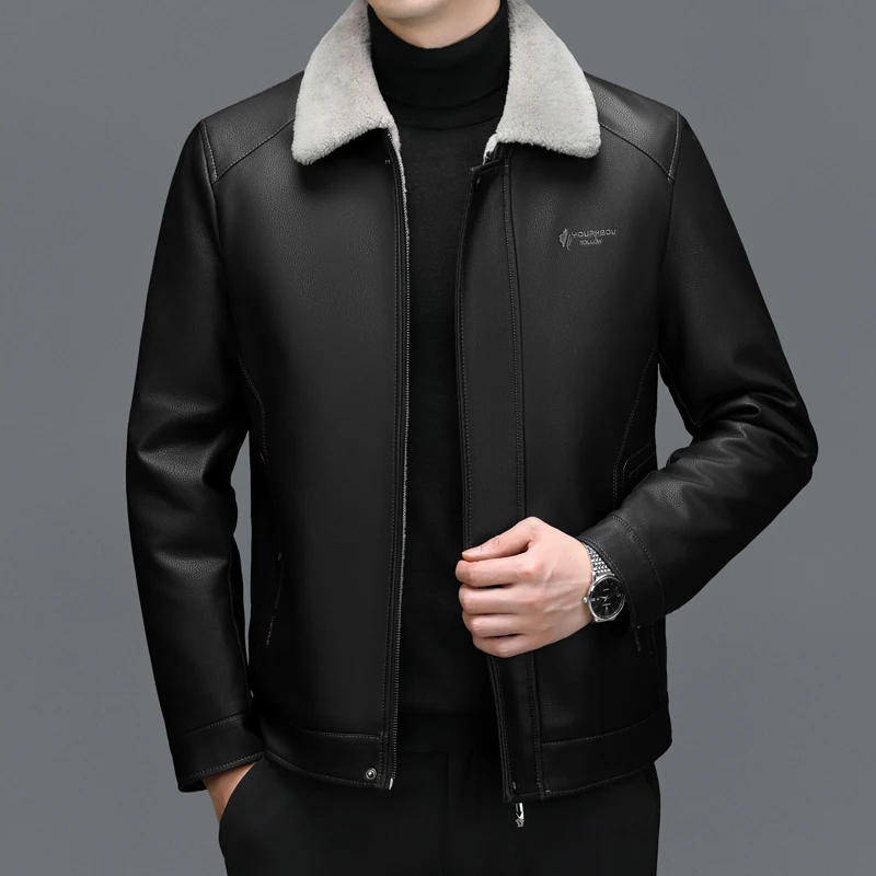 ZDT-8050 Winter Men's Down Jacket Thickened Warm Leather Jacket With Lapel And Fur Integrated Casual Business Leather Jacket