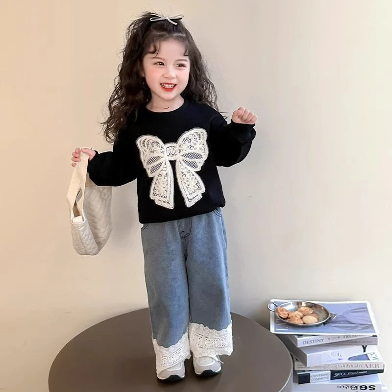 2026 Early Autumn Girls Sweatshirt Bow Long Sleeve Top Trendy Versatile Round Neck Kids Clothing Baby Girls Pullover