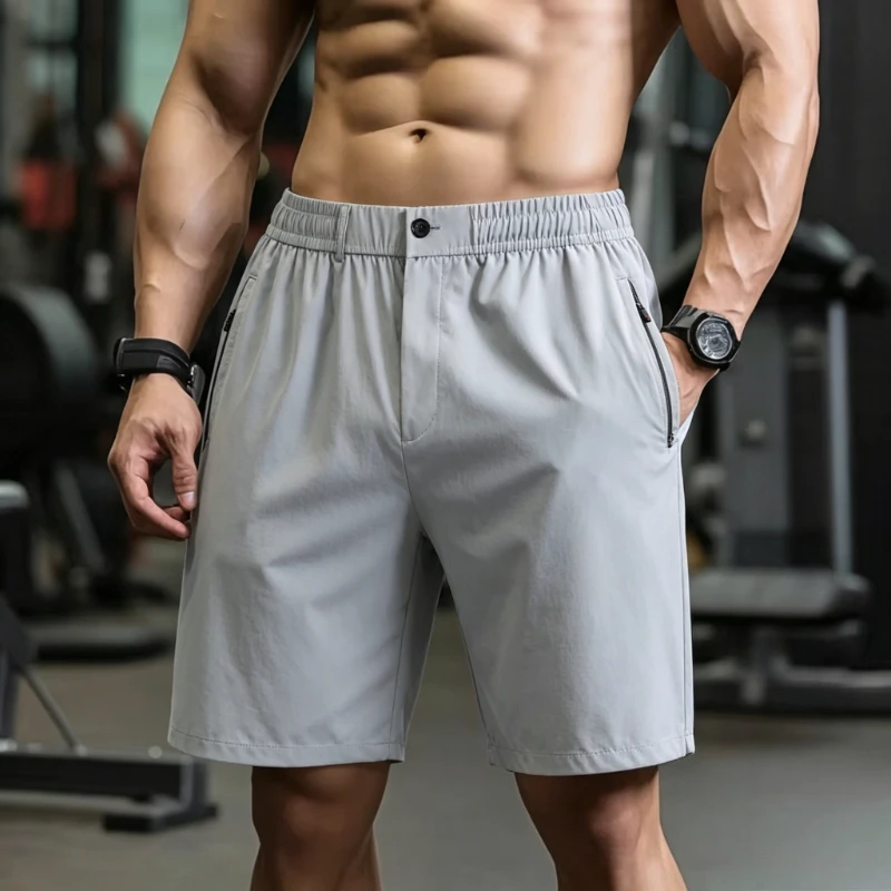 

Business Men Ice Silk Zipper Pockets Golf Shorts Elastic Waist Button Fly Casual Formal Dress Shorts Man Summer Workwear Bottoms