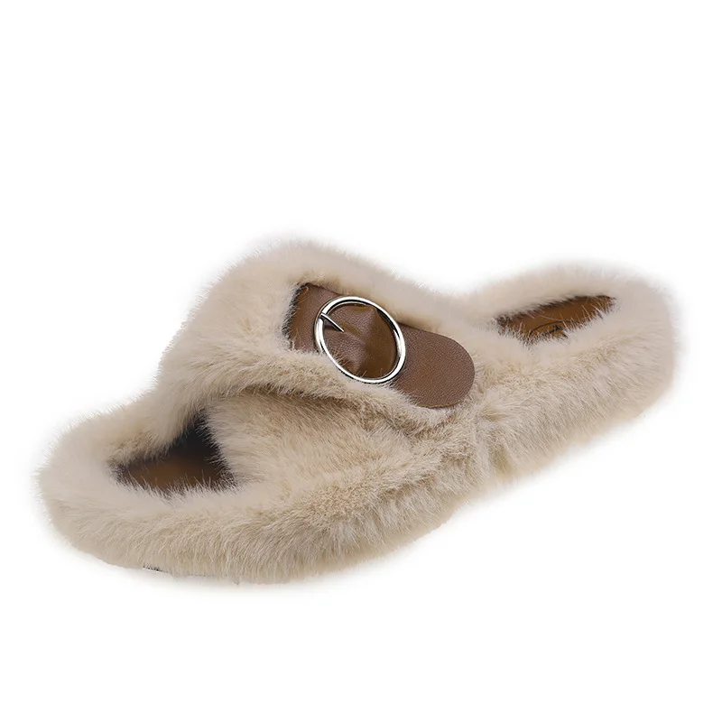 Warm Fluffy Slippers Women'S Plush Slippers Comfortable Belt Buckle  Faux Fur Cross Indoor Floor Slippers Flat Soft Fur Shoes