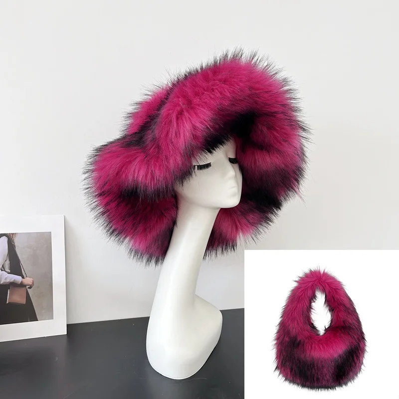 Oversized Y2K Bucket Hat Furry Hat Puff 2024 Women\'s Winter Warmth Thick Imitation Raccoon Fur Hat Bucket Hat  gorra 여성모자