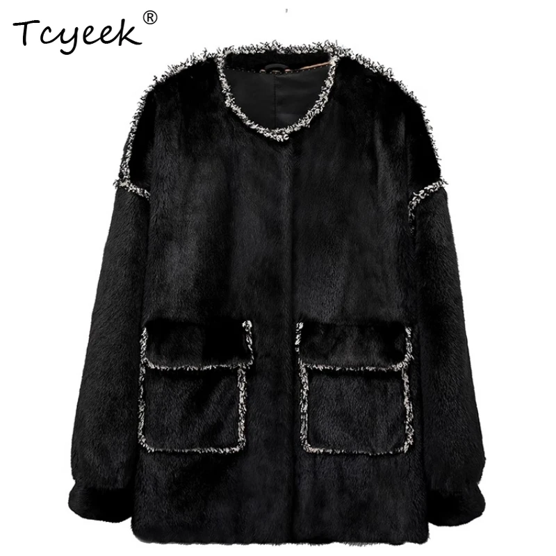 

Tcyeek Real Wool Velvet Autumn Winter New High End Trendy Round Neck Black Women's Wool Shearling Fur Coat Fourrures Femme