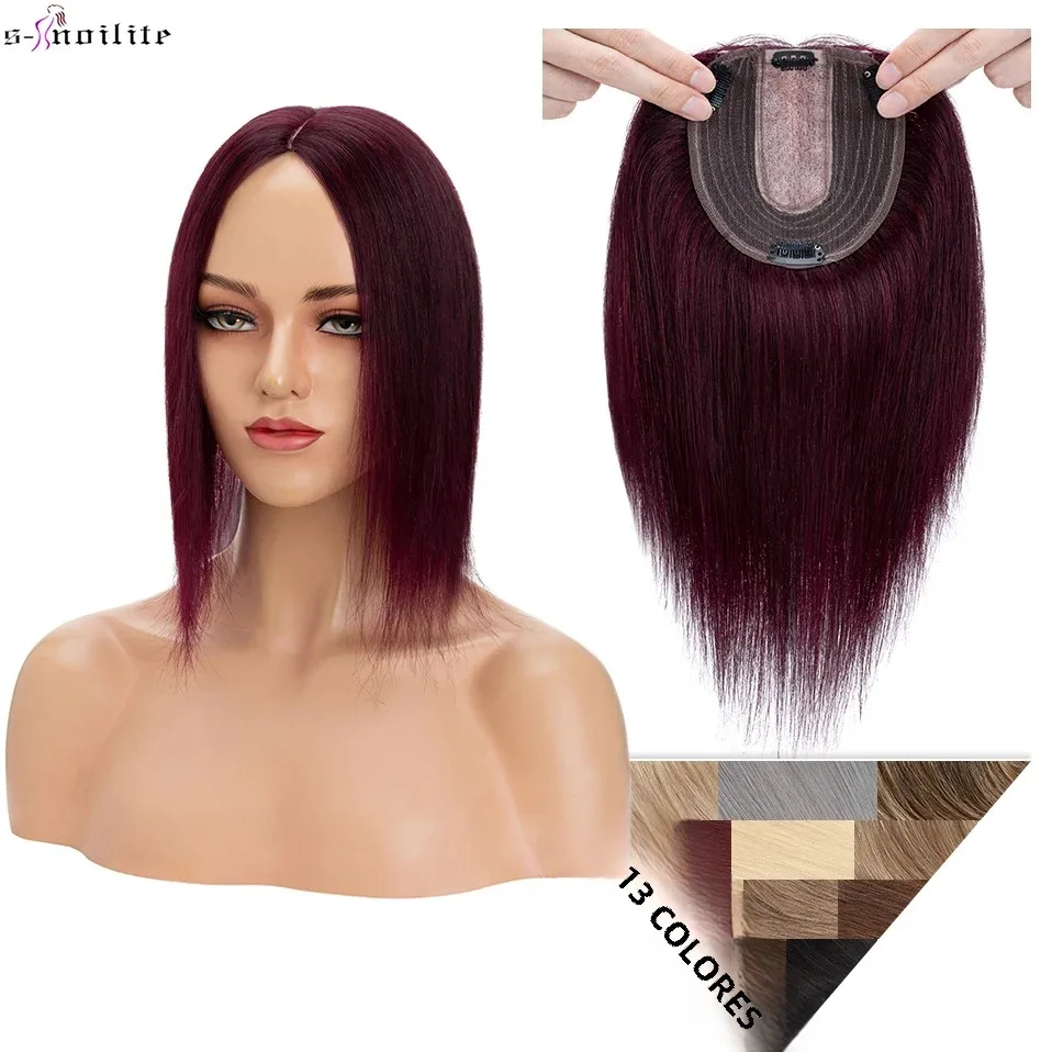 S-noilite 10x12cm adornos para el cabello pinzas para el cabello pelucas de cabello Natural 100% cabello humano mujeres Topper pelucas con Base de seda Clip en la extensión del cabello