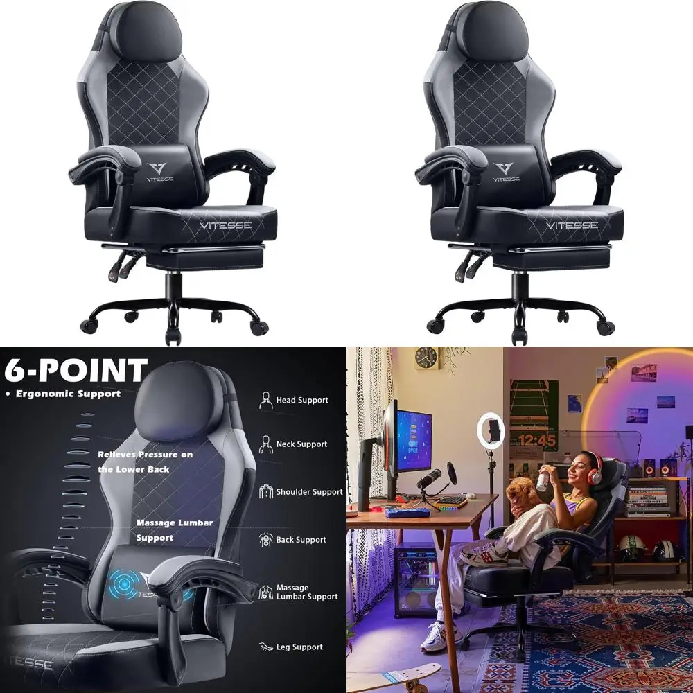 

Эргономичное игровое кресло в гоночном стиле с откидной спинкой, подставкой для ног и поясничной опорой для взрослых (серое)