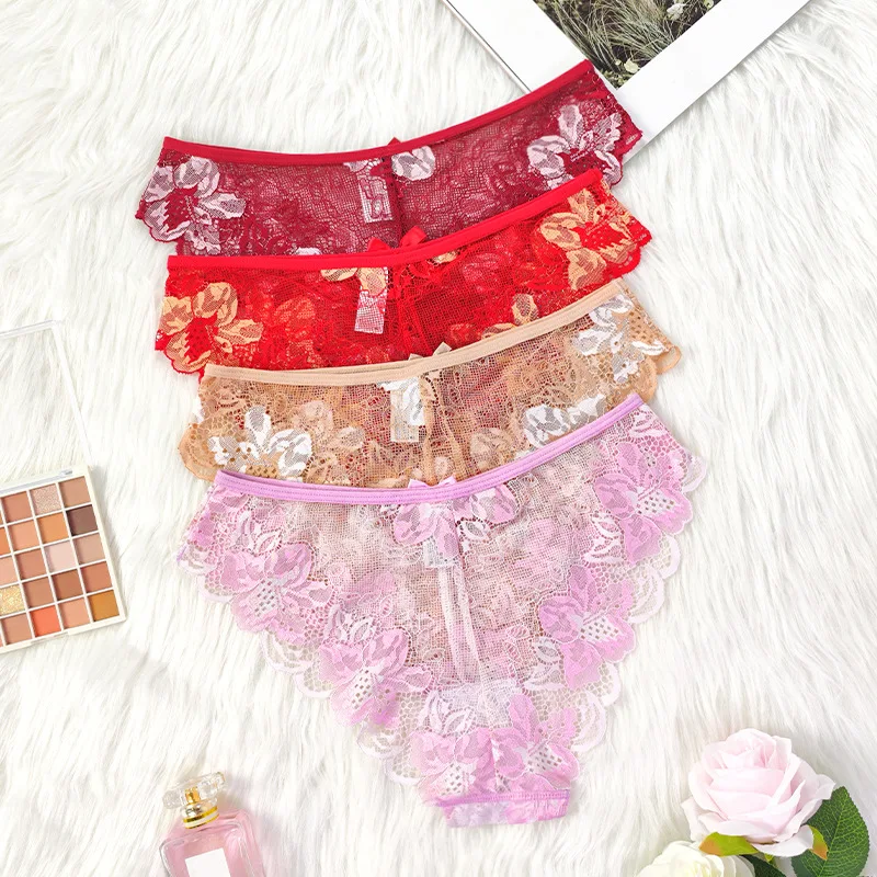 4pcs/Set Plus Size Lace Embroidery Briefs Perspective Floral Sexy Women Panties Mid Waist Breathable Hollow Out Underpants S-XL