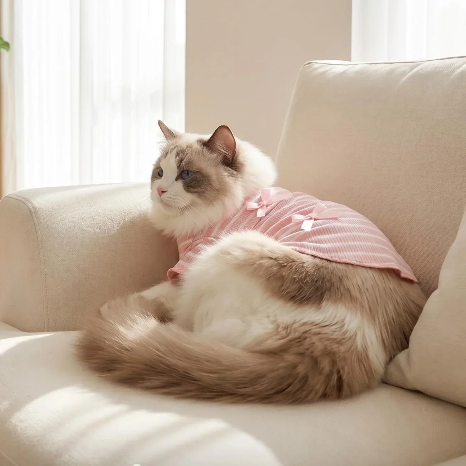 1 Stück Niedliches Hundeshirt mit Schleifendekoration, Gestreift, Weich, Dehnbar, Gerippt, Katzen-T-Shirt, Frühling Sommer Atmungsaktive Haustierkleidung – Detail 4