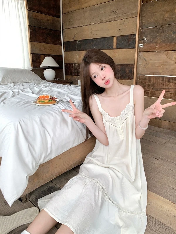 2025 New Pure Cotton Sweet Girl Suspender Nightdress French Simple Lace Pajamas Dress Breathable Skin-friendly Casual Loungewear