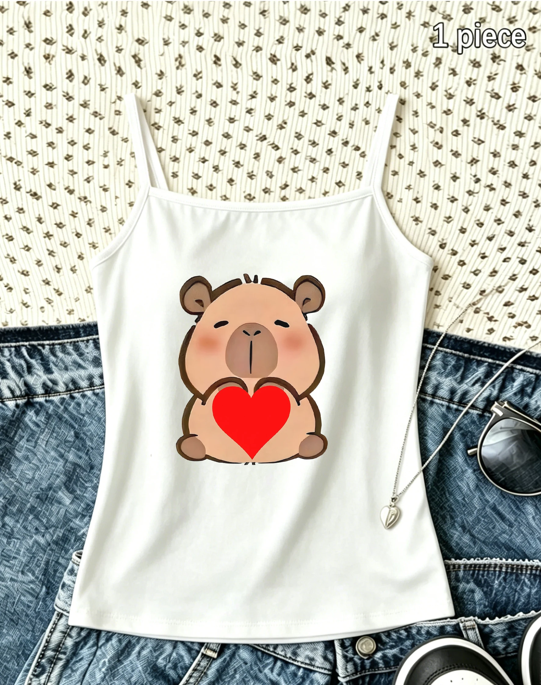 Cute Capybara Heart Graphic Camisole Top Funny Animal Spaghetti Strap Tank Sleeveless Cami Summer Tee Gift Idea for Her