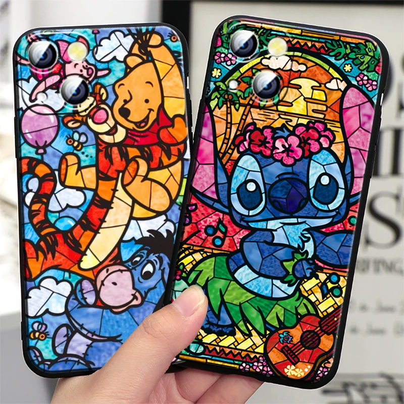 Cute Stitch Mickey Winnie Art Apple iPhone Case For 15 14 13 12 11 Mini XS XR X 6S 6 Pro Max Plus Black Soft Cover