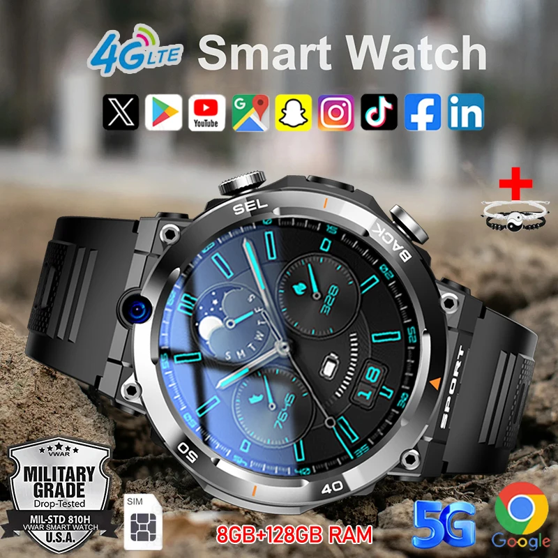 

Сетевые спортивные умные часы 4G для мужчин 1,39-дюймовый AMOLED-экран 360*360 8 ГБ + 128 ГБ ОЗУ Видеозвонок 500 Вт Камера WIFI GPS Google Smartwatch