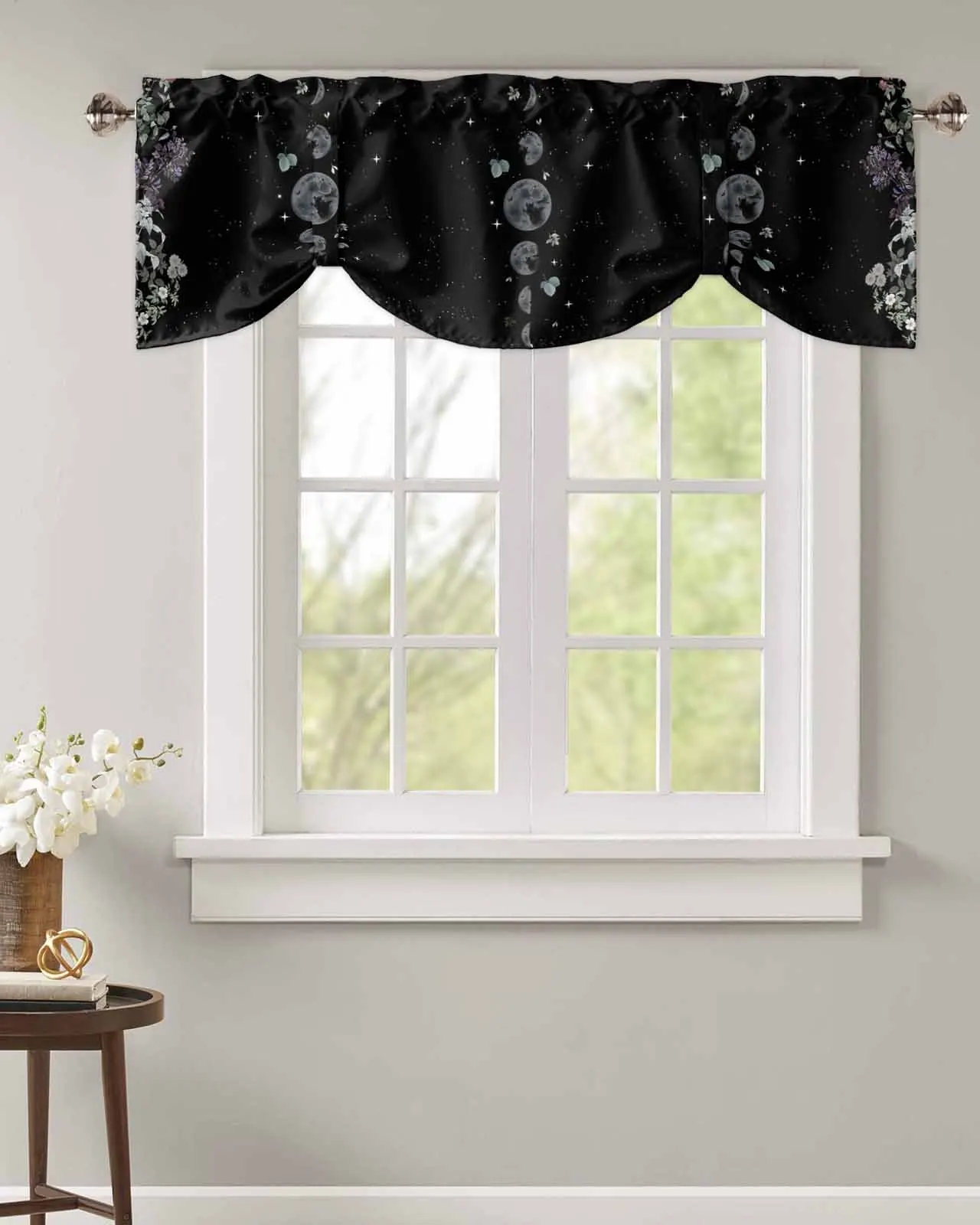 Lunar Flowers Plants Retro Stars Black Window Curtain Living Room Kitchen Cabinet Tie-up Valance Curtain Rod Pocket Valance