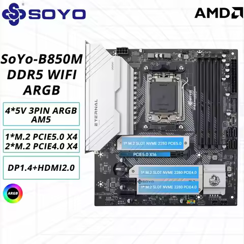 SOYO New Release B850M AM5 Dual Channel DDR5 WIFI ARGB M-ATX Motherboard PCIE5.0 X16/PCIe 5.0&times;4 M.2 For CPU 9700X/9900X/7800X3D