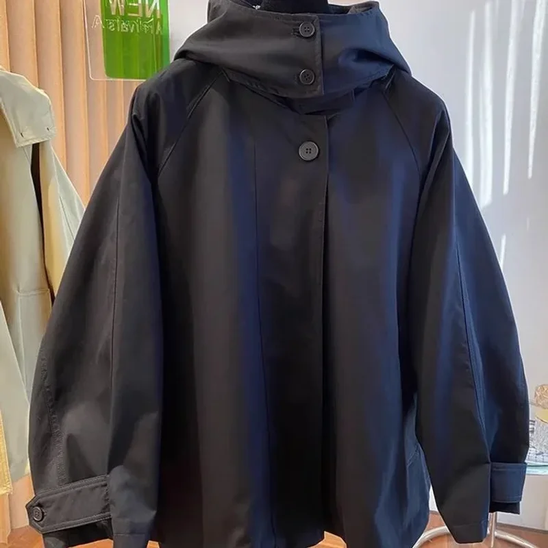 جديد وصول الخريف الربيع معطف قصير سترة مقنعين فضفاضة النمط البريطاني المألوف سترة واقية عالية الخصر تصميم الأكمام الطويلة