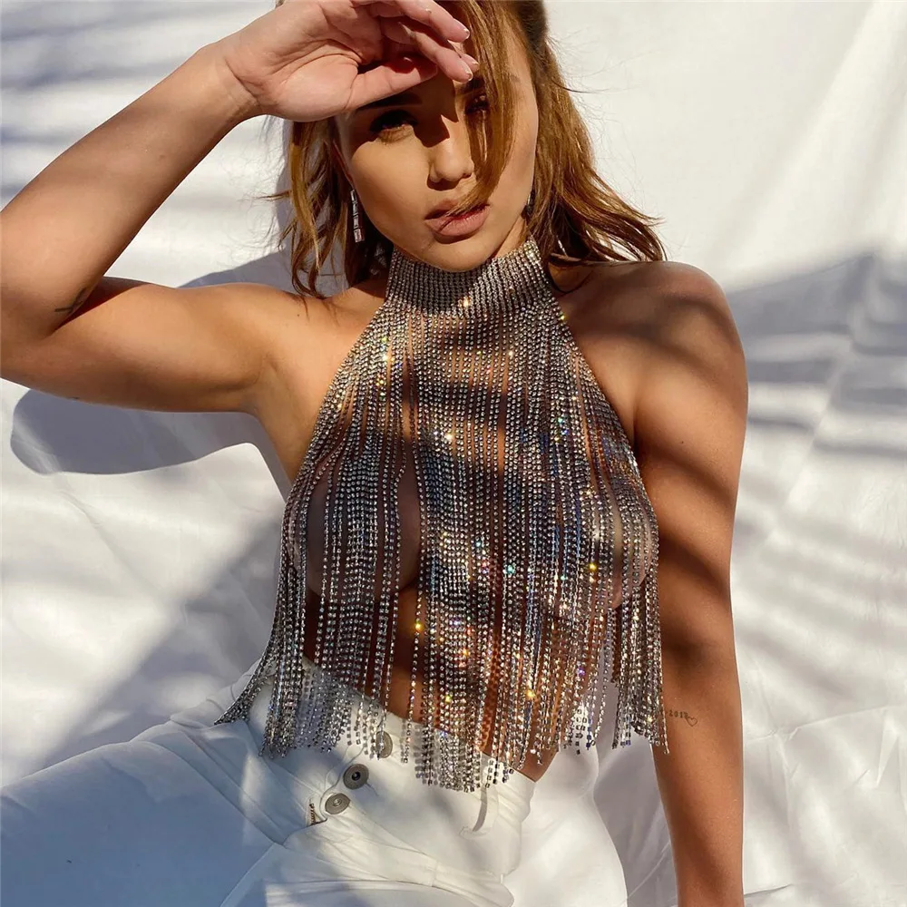 سلسلة صدر فاخرة من حجر الراين بشرابة ، سلسلة جسم لحفلات الشاطئ ، إكسسوارات مجوهرات نسائية مثيرة ، مبالغة رائعة ، اتجاه الموضة #2